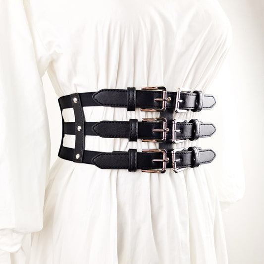 Women's Super Wide Belt Hollow Rivet Decorated Elastic Waist