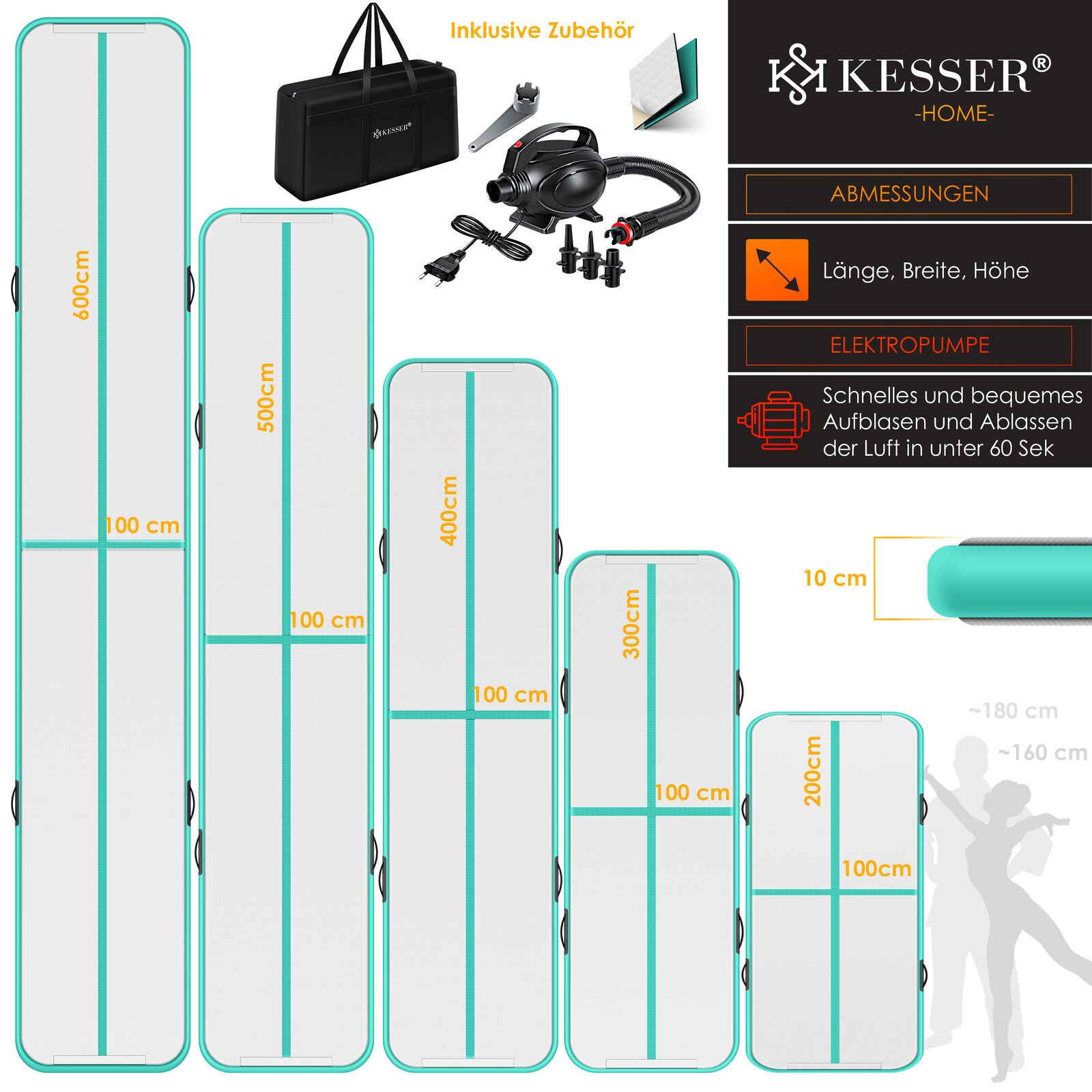 KESSER® Turnmatte Aufblasbar Air Track Matte Tumbling Gymnastikmatte Mit Pumpe