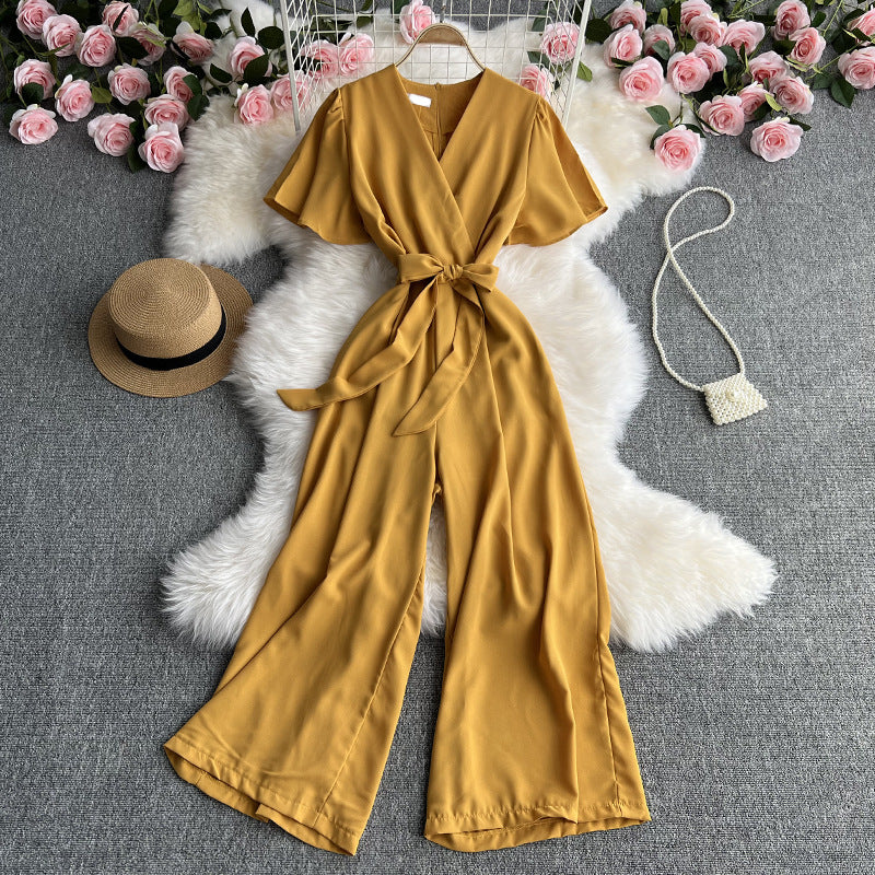 Retro Fashionable Temperament V-neck Short-sleeved Waist Jumpsuit