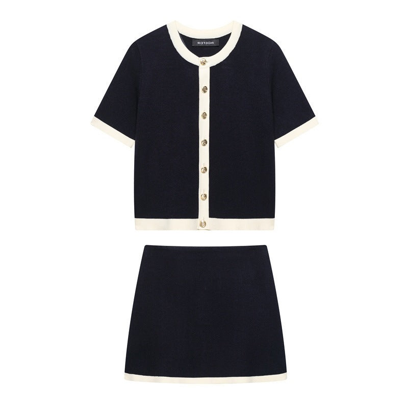 Spring And Summer New Women's Clothing Classic Style Contrast Color Knitwear Coat Knitted Mini Skirt