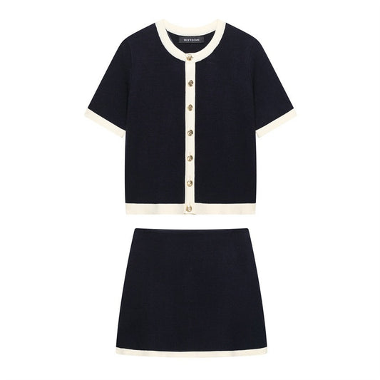 Spring And Summer New Women's Clothing Classic Style Contrast Color Knitwear Coat Knitted Mini Skirt