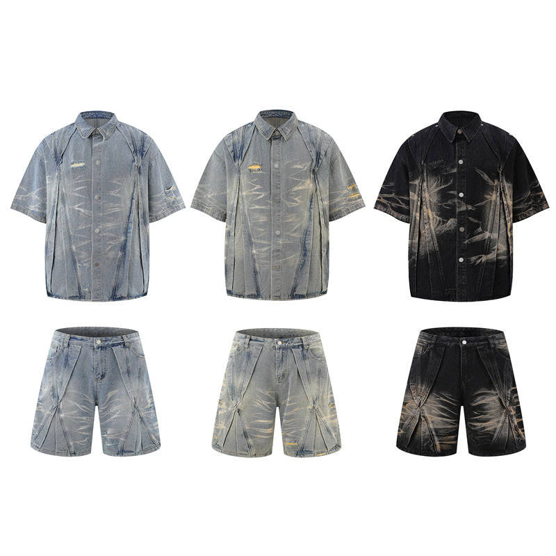 High-Street Edgy Stylish Washed Denim Workwear Shirt Set
