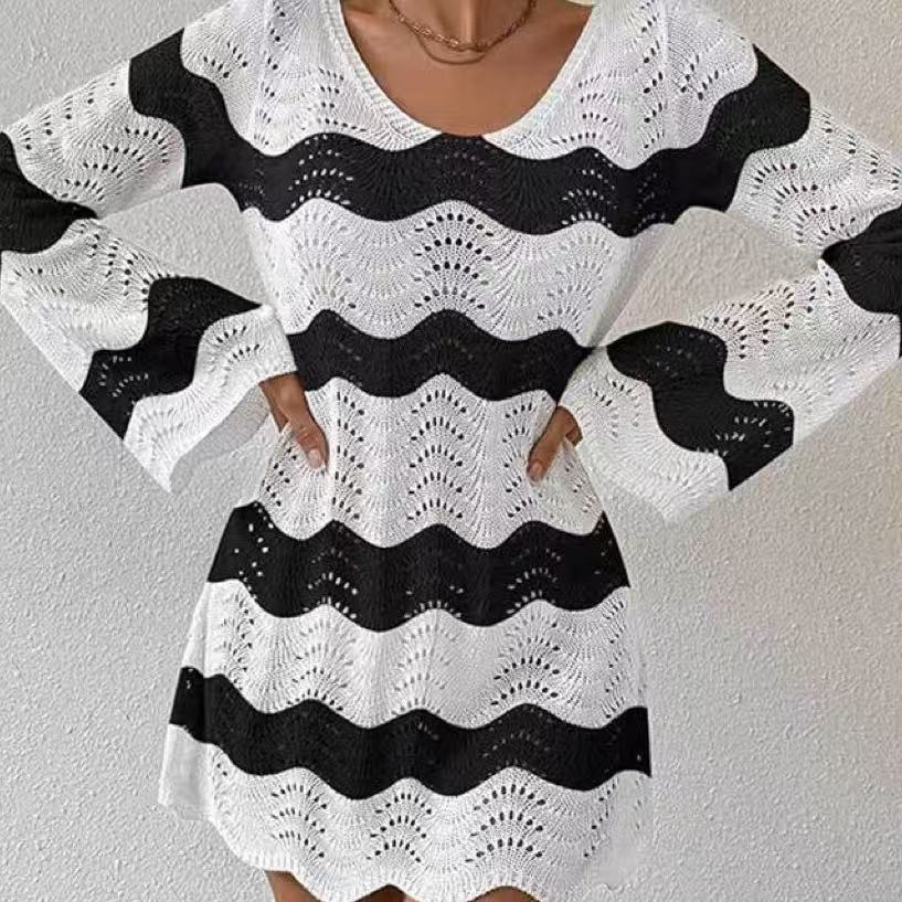 Womens Stylish Sexy Openwork Knit Long-sleeve Top
