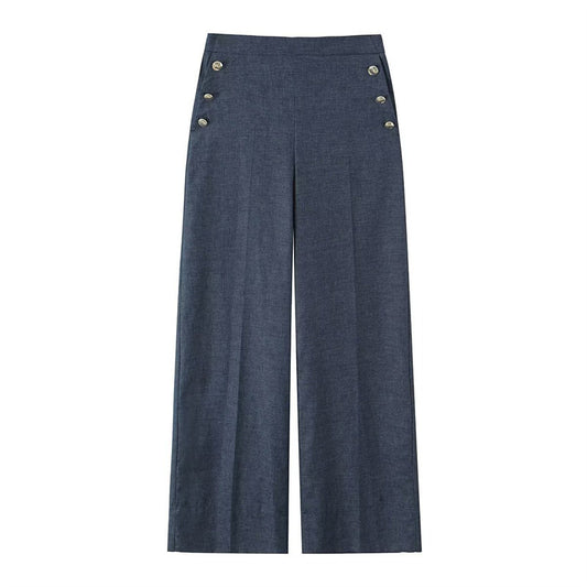 New Spring And Autumn Linen Button Decoration Wide Leg Pants