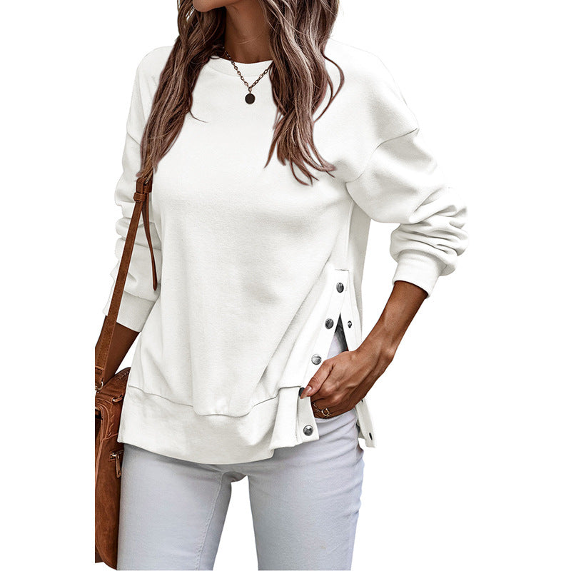 Solid Color Pullover Women's European And American Leisure Style Slit Loose Flab Hiding Long Sleeve Bathroom