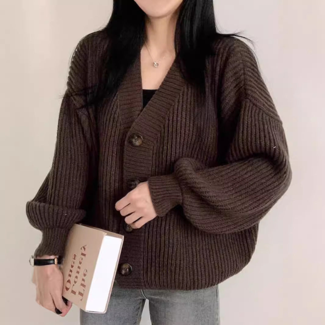 Korean Style V-neck Solid Color Dinified Sweater Coat