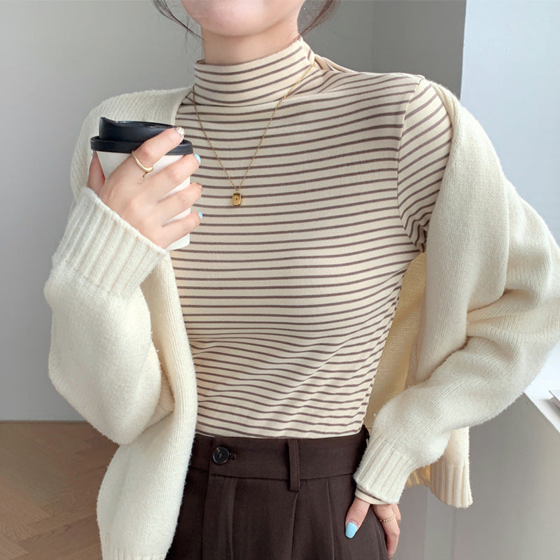 Half Collar Top Pinstripe Long-sleeved T-shirt
