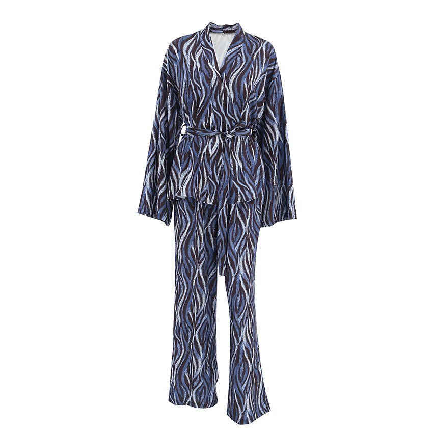 Printed Loose And Cozy Long-Sleeve Pajama Set With Pants For Women