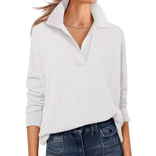 Solid Color Top V-neck Long Sleeve Loose Fashion