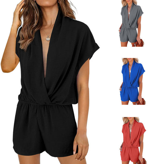 Women's Deep V-Neck Cross Pockets Slim Casual Jumpsuit