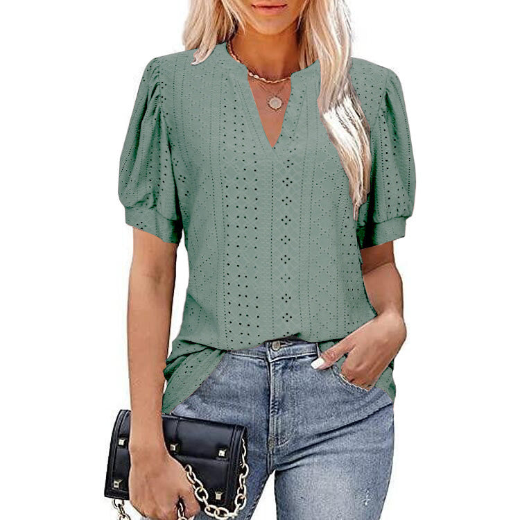 Casual V-neck Solid Color Hollow Puff Sleeve Loose T-shirt