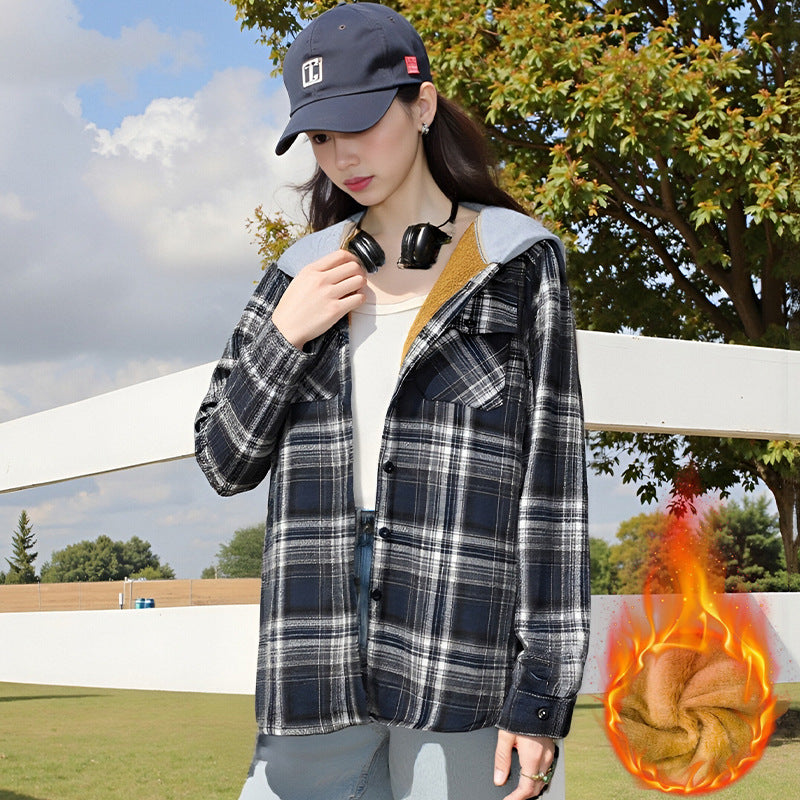 Casual And Loose Hooded Plaid Shirt Top For Women