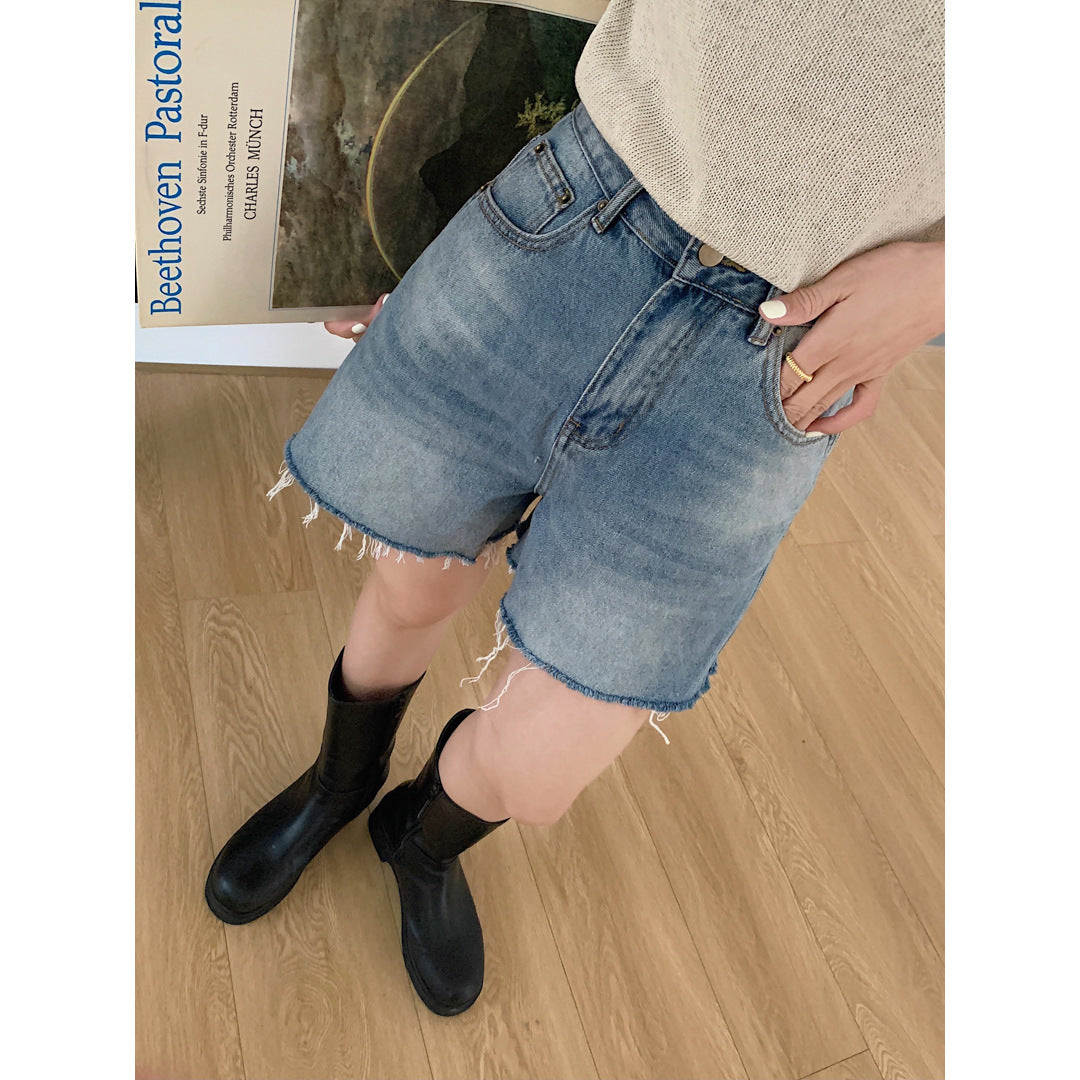 Women's Retro Fashionable Raw Edge Distressed Baggy Denim Shorts