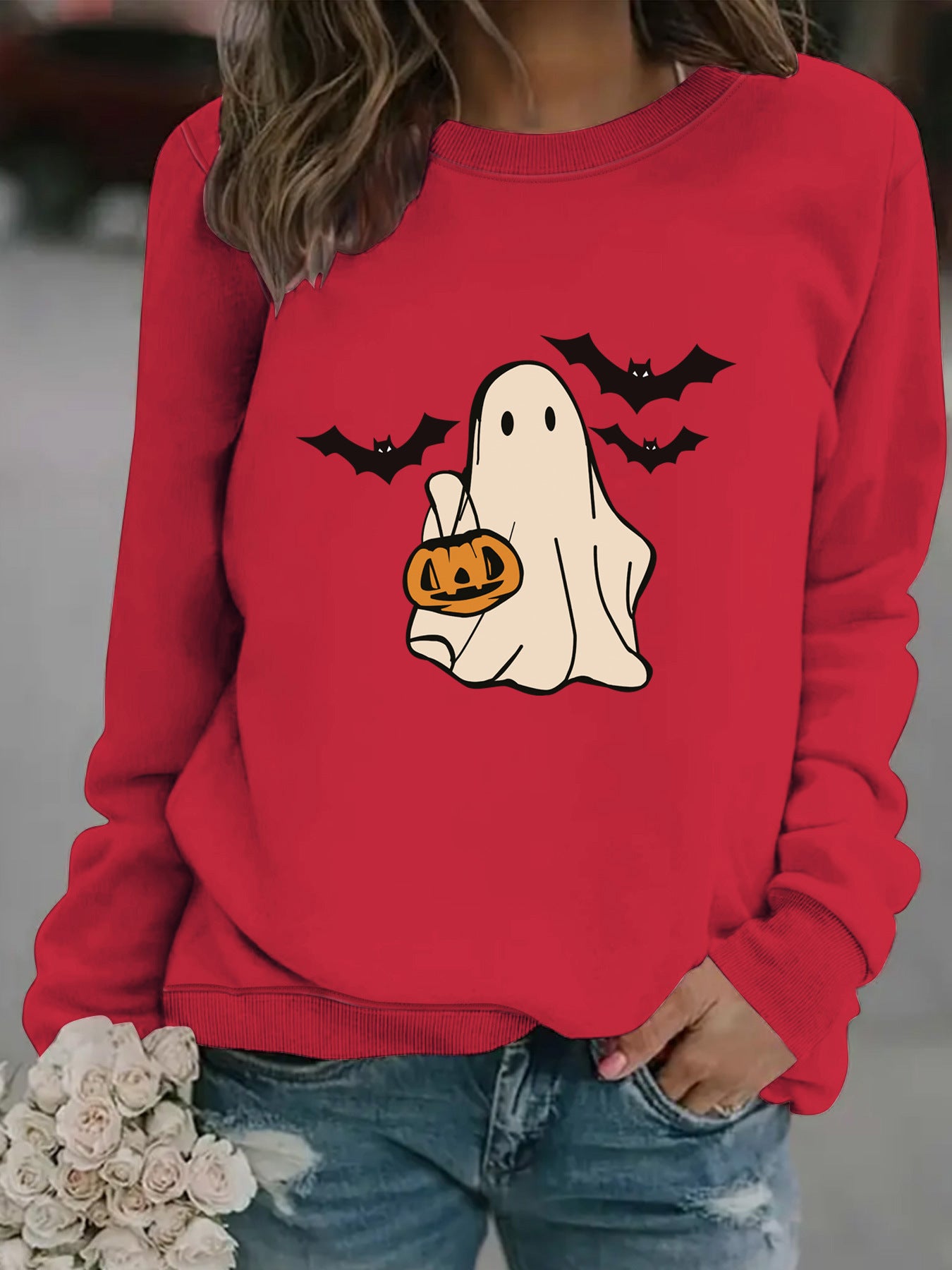 Halloween Casual Long Sleeve Round Neck Cartoon Ghost Print Pullover Sweater Sweatshirt