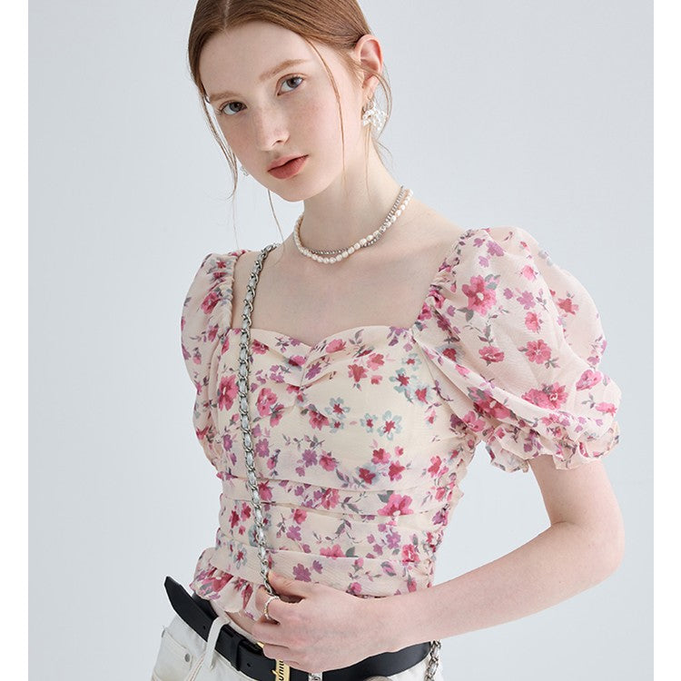 French Slim Floral Short Sleeved Shirt