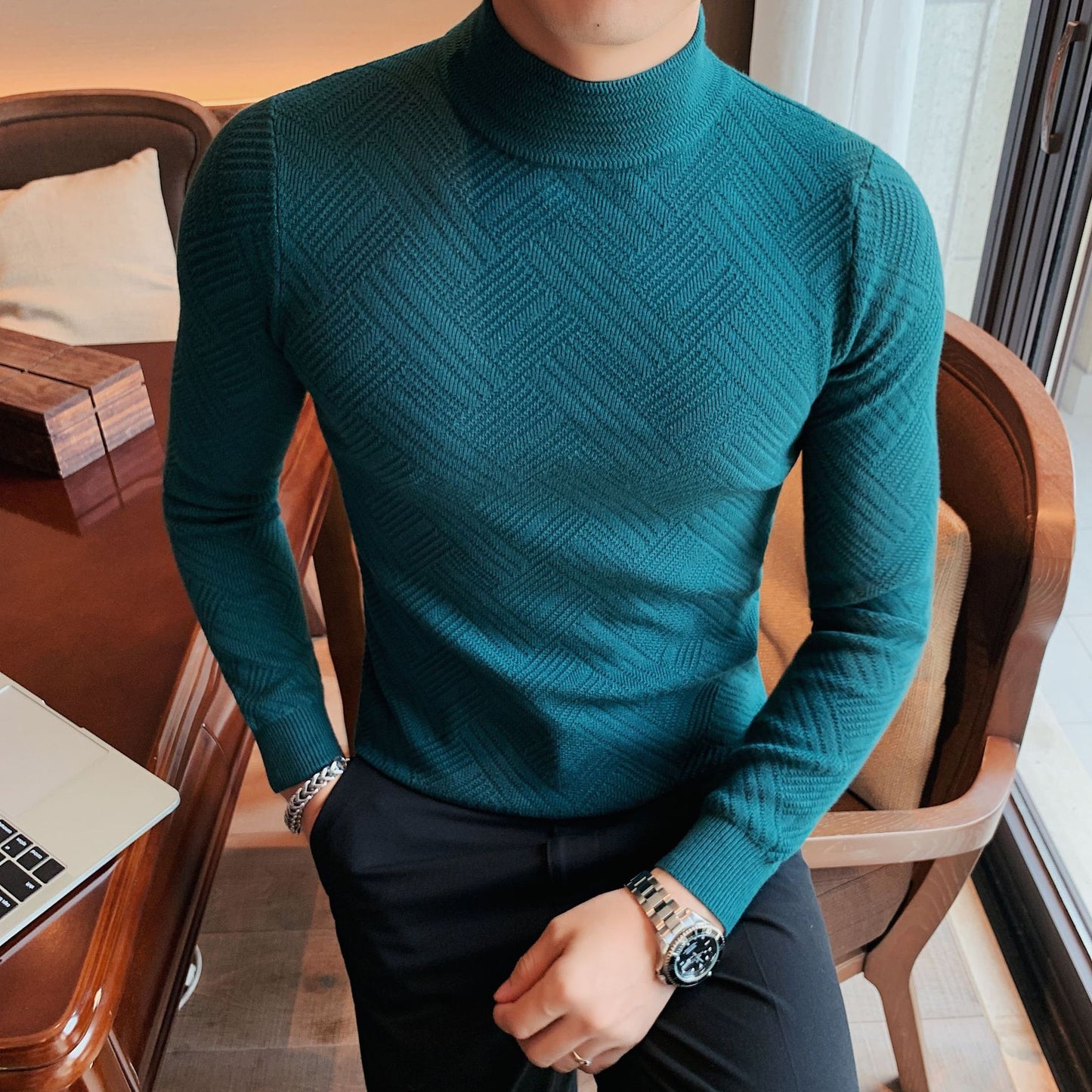 Men's Fashion Casual Solid Color Slim-fit Half Turtleneck Sweater