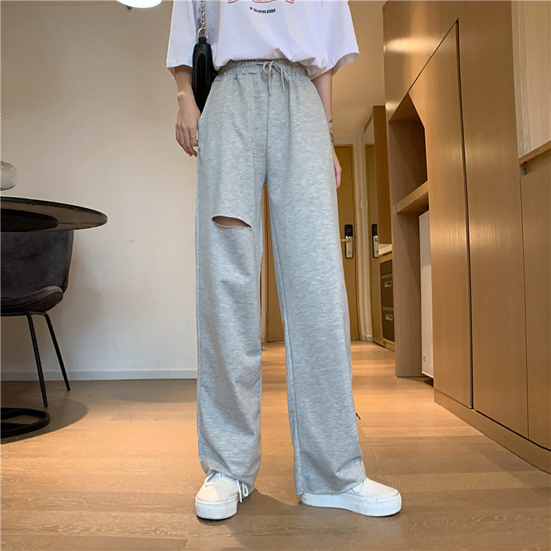 Women's Relaxed-fit Drawstring Design Distressed Wide-leg Trousers