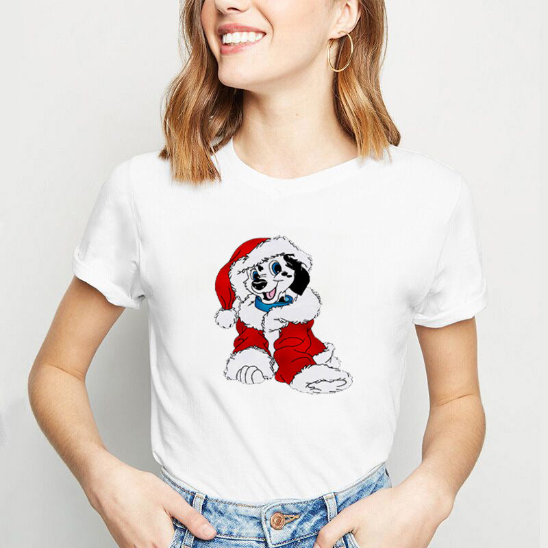 Christmas Lady Cute Dog Printed Short-sleeved Top Casual
