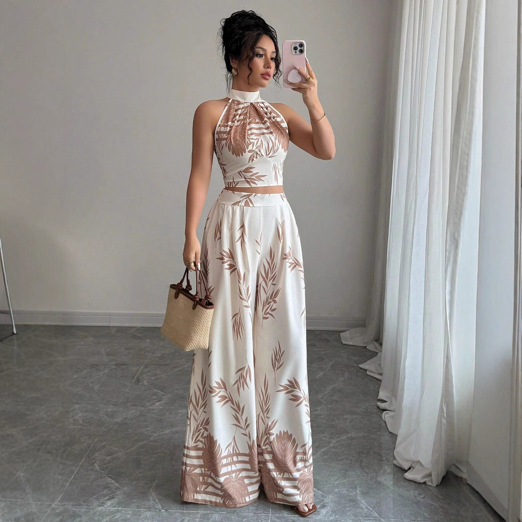 Neck-hanging Vest And Wide-leg Trousers Printed Set