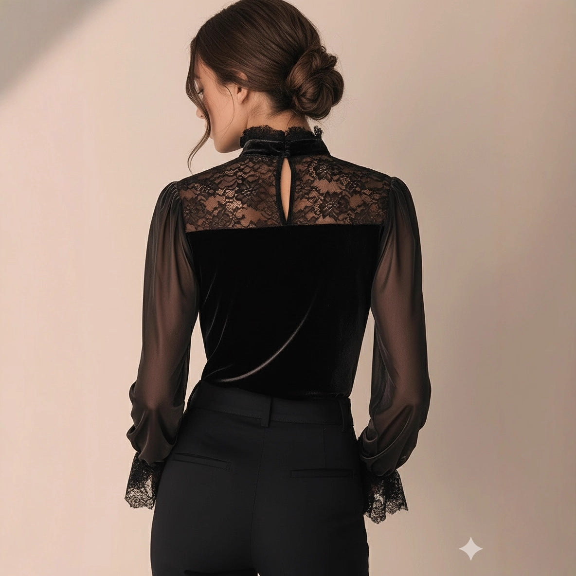 Retro Sophisticated And Subtly Alluring Lace-and-velvet Patchwork Bodycon Top