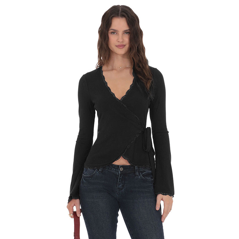 New Deep V-neck Cross-front Tie Lace Trim Top