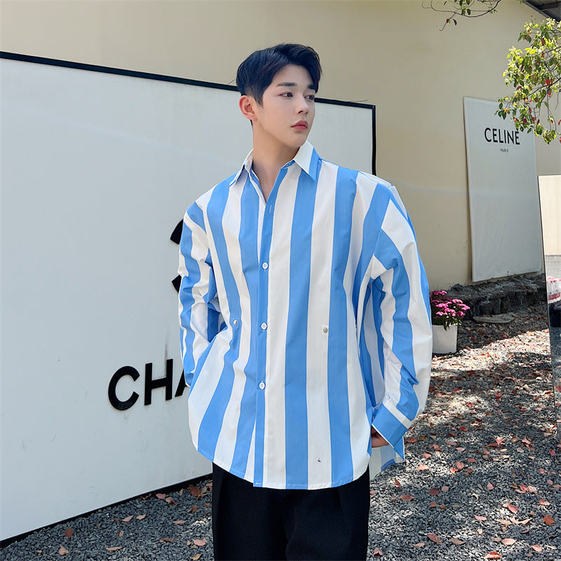 Design Button Waist Press Pleats Oversize Striped Shirt Men