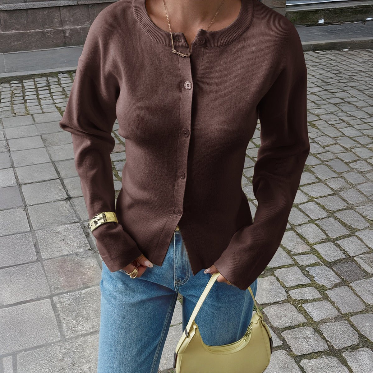 Womens Casual Retro Solid-Color Sweater Cardigan