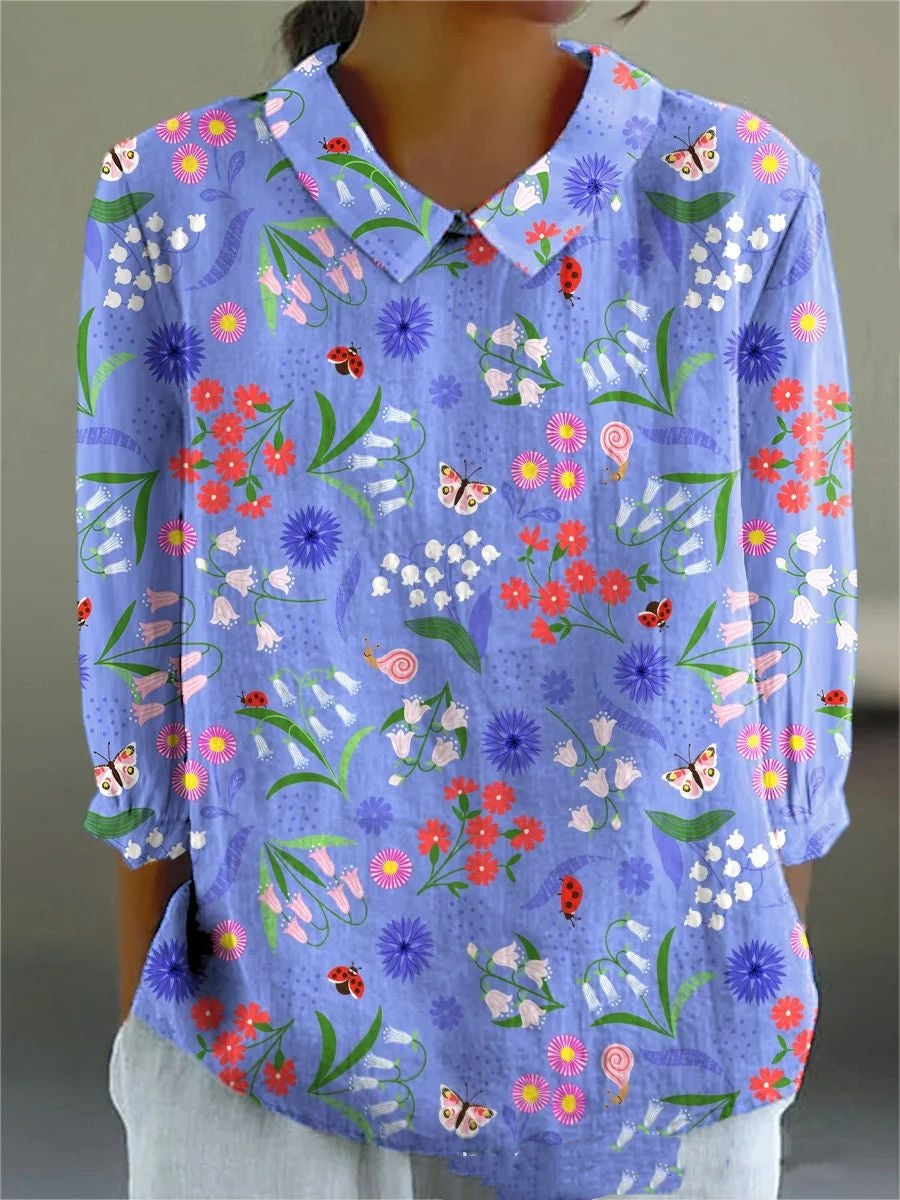 Summer Lapels Women's Long Sleeve Creative Retro Floral Japanese Simple