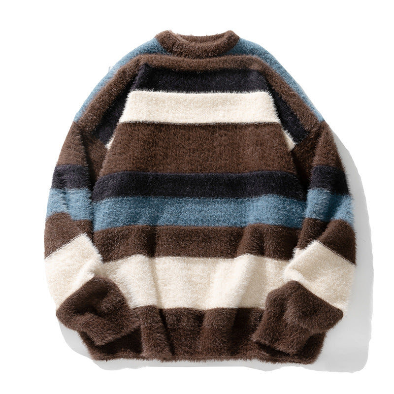 Artificial Mink Fur Contrast Color Striped Round Neck Sweater Japanese-style Retro