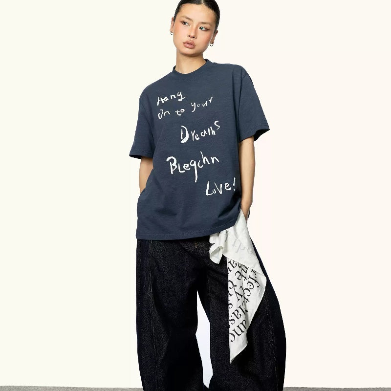 Cursive Script Letter Short Sleeve Round Neck T-shirt For Women Summer New