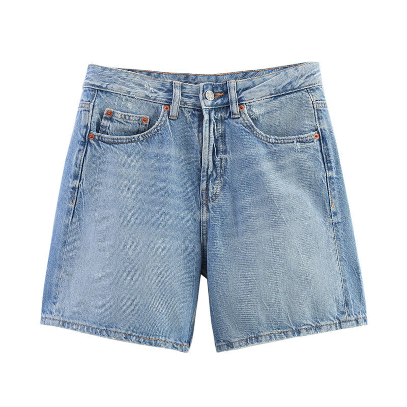 Summer European And American Style Initial Color Mid Waist Casual Denim Shorts