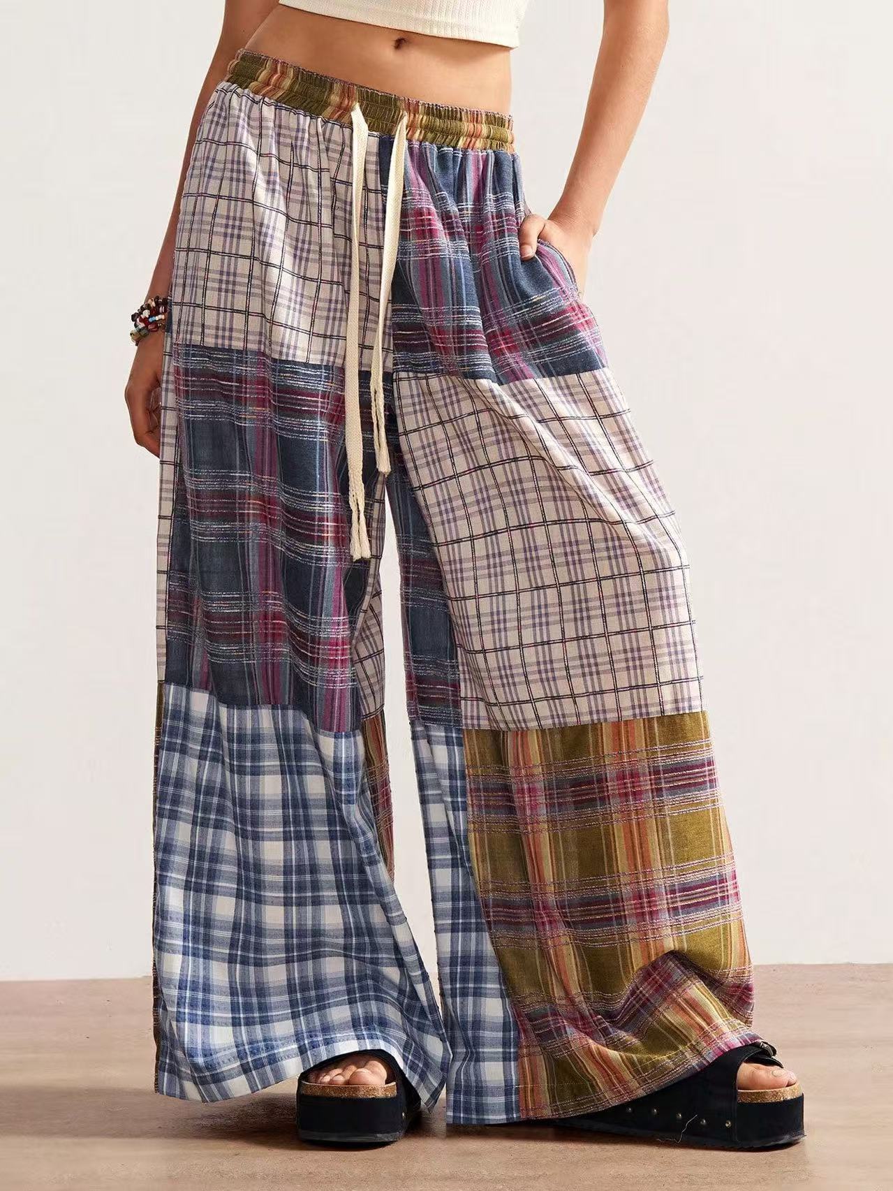 Retro High-waist Drawstring Printed Wide-leg Pants For Women