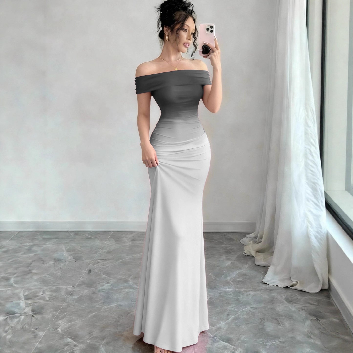 Gradient One Shoulder Sheath Maxi Dress