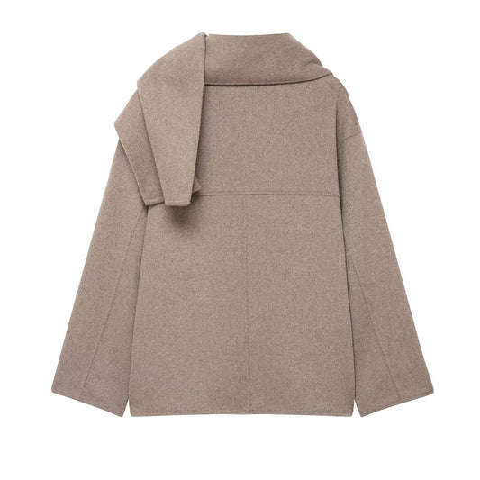 Wool Solid Color Loose Fit Scarf Short Coat Jacket