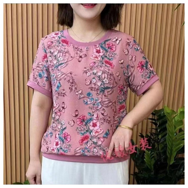 Fashionable Round Neck Floral Loose Slimming Shirt Western Style Middle-aged Mom Wear Short Sleeve