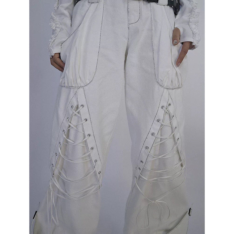 Asian Culture White Heavy Industry Double Waist Head Curling Overalls