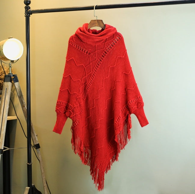 Efterår og vinter Ny strikket sjal med kvaster Højhalset Varm flagermusærmet pullover