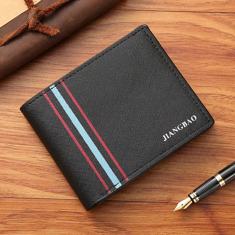Men'S Short Fashionable Thin Wallet Multi Card Cross Pattern Wallet Spot Horizontal Large Capacity Business Soft Leather Wallet