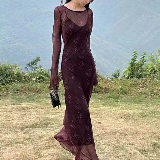 Womens Purple Mesh Flared-Sleeve Floral Slip Dress