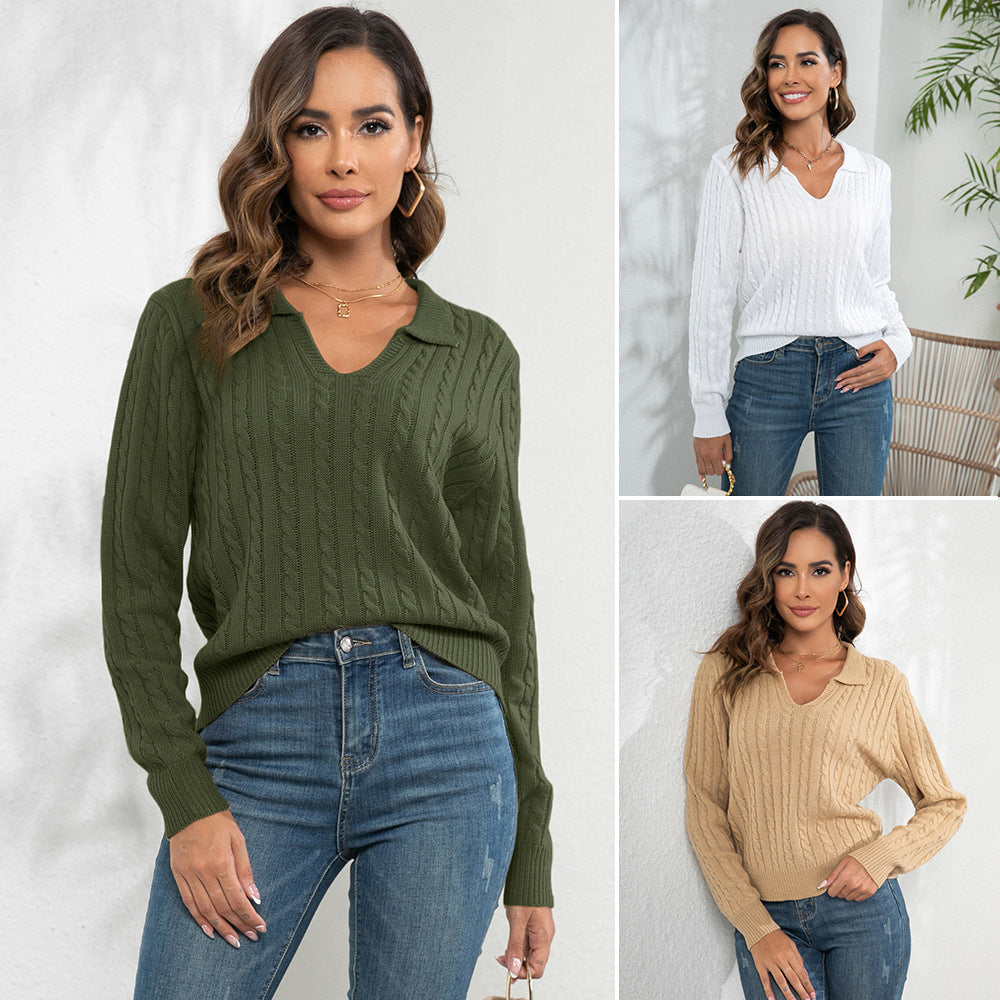 Women's Pullover Loose-fitting Long Sleeves Lapel Twist Sweater