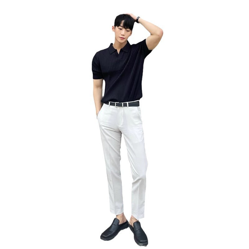 Sommer striber kortærmet POLO Shan herre koreansk slim fit revers ensfarvet afslappet tynd halværmet trend strikket top