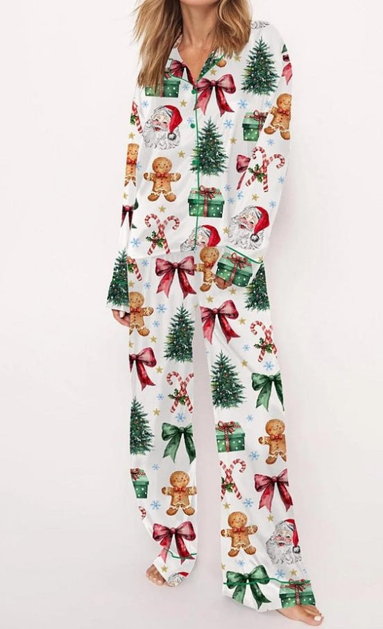 Fashionable Long-sleeve Printed Lapel Loungewear Pajamas
