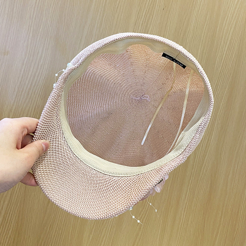 Women's Knitted Face Covering Breathable Pearl Flower Beret