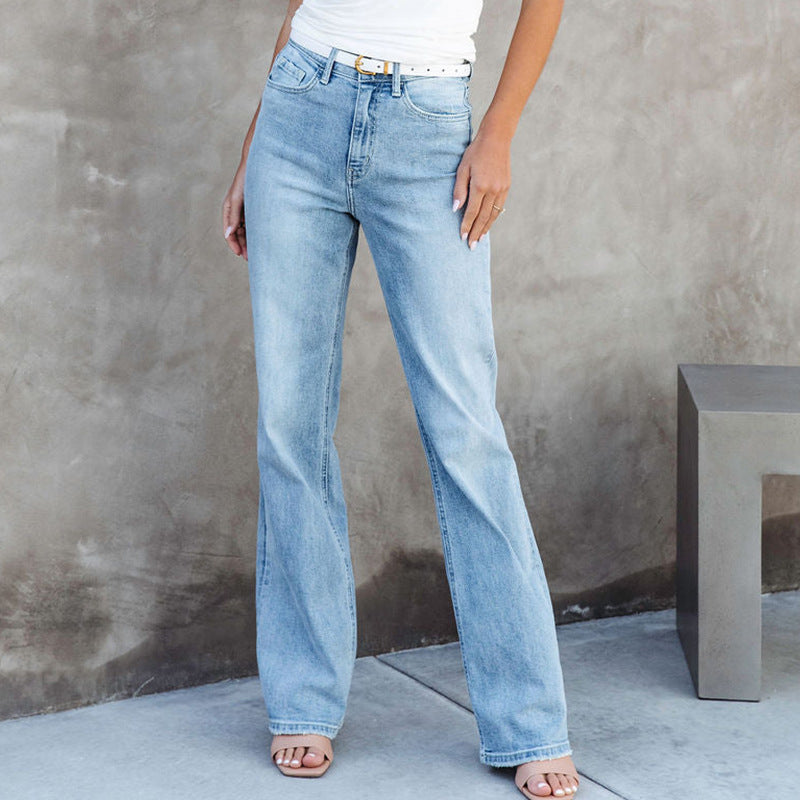 Vaskede jeans i europæisk og amerikansk stil, moderigtige, alsidige, med mellemhøj talje og lige ben