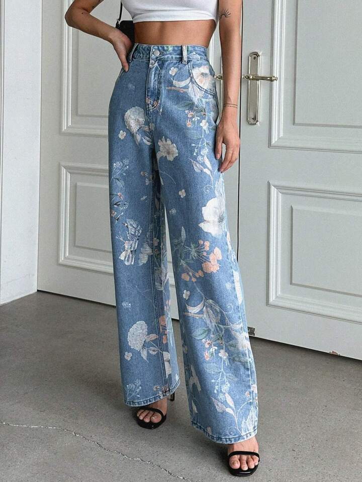 Women's American-style Vintage Blue Floral Print Jeans