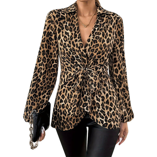 Printed Lace-up V-neck Elegant Long-sleeve Shirt