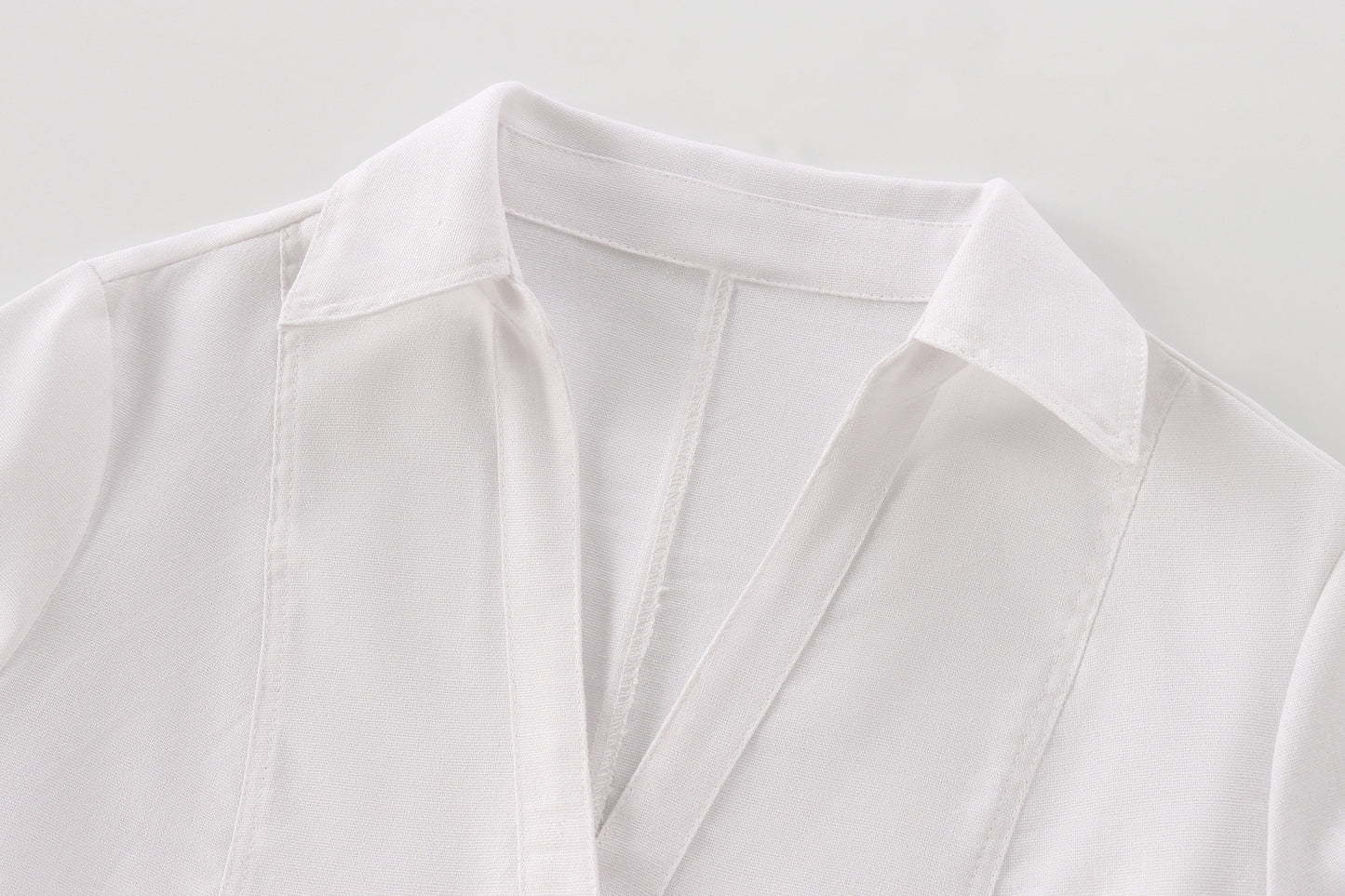White V-neck Roll-up Sleeve Linen Blend Shirt