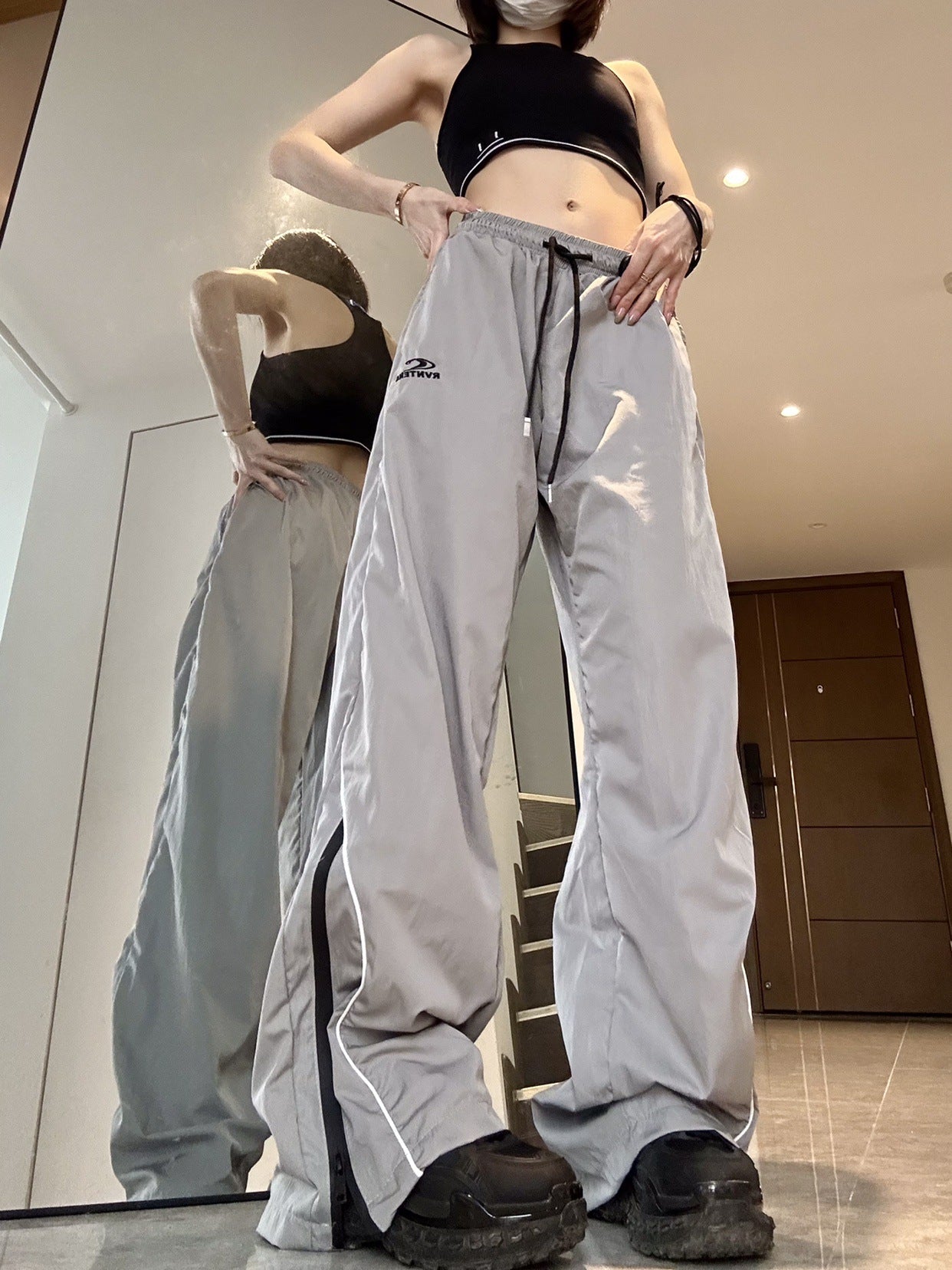 Summer Men's And Women's Loose Striped Drawstring Wide Leg Mop Pants
