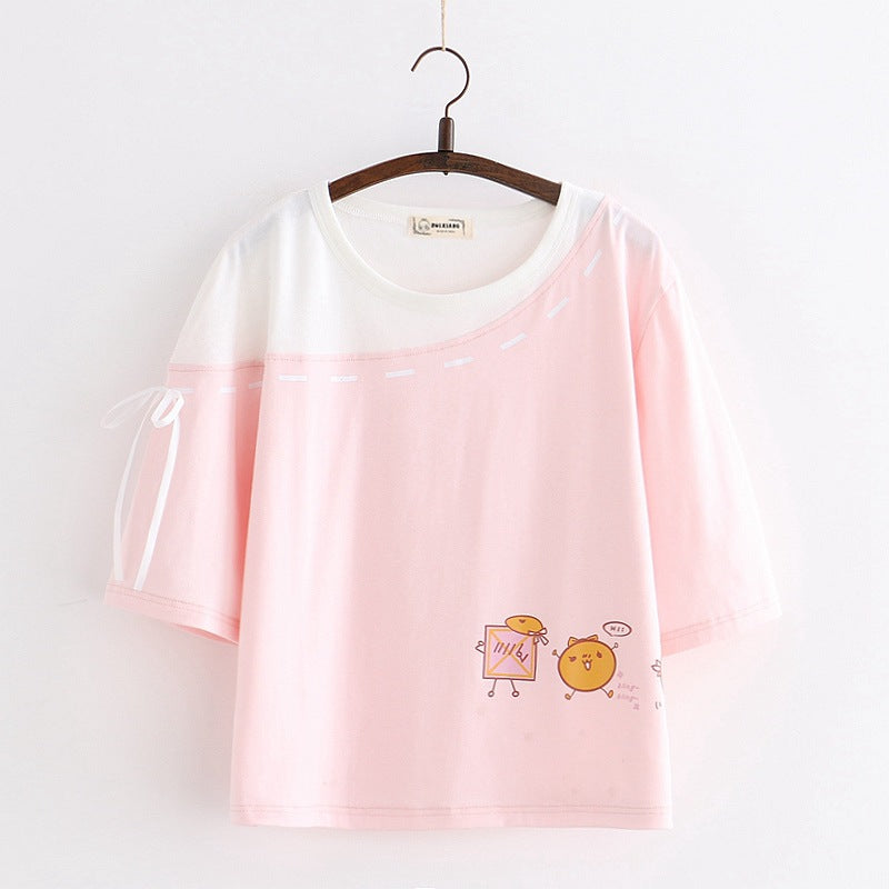 Women's Cartoon Print Round Neck Lace Up Short Sleeve