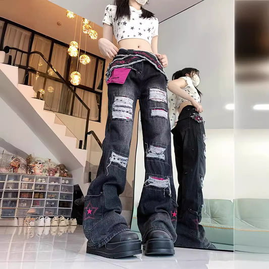 High-Street Ripped Design Flared Denim Jeans With A Sleazy Chic Vibe